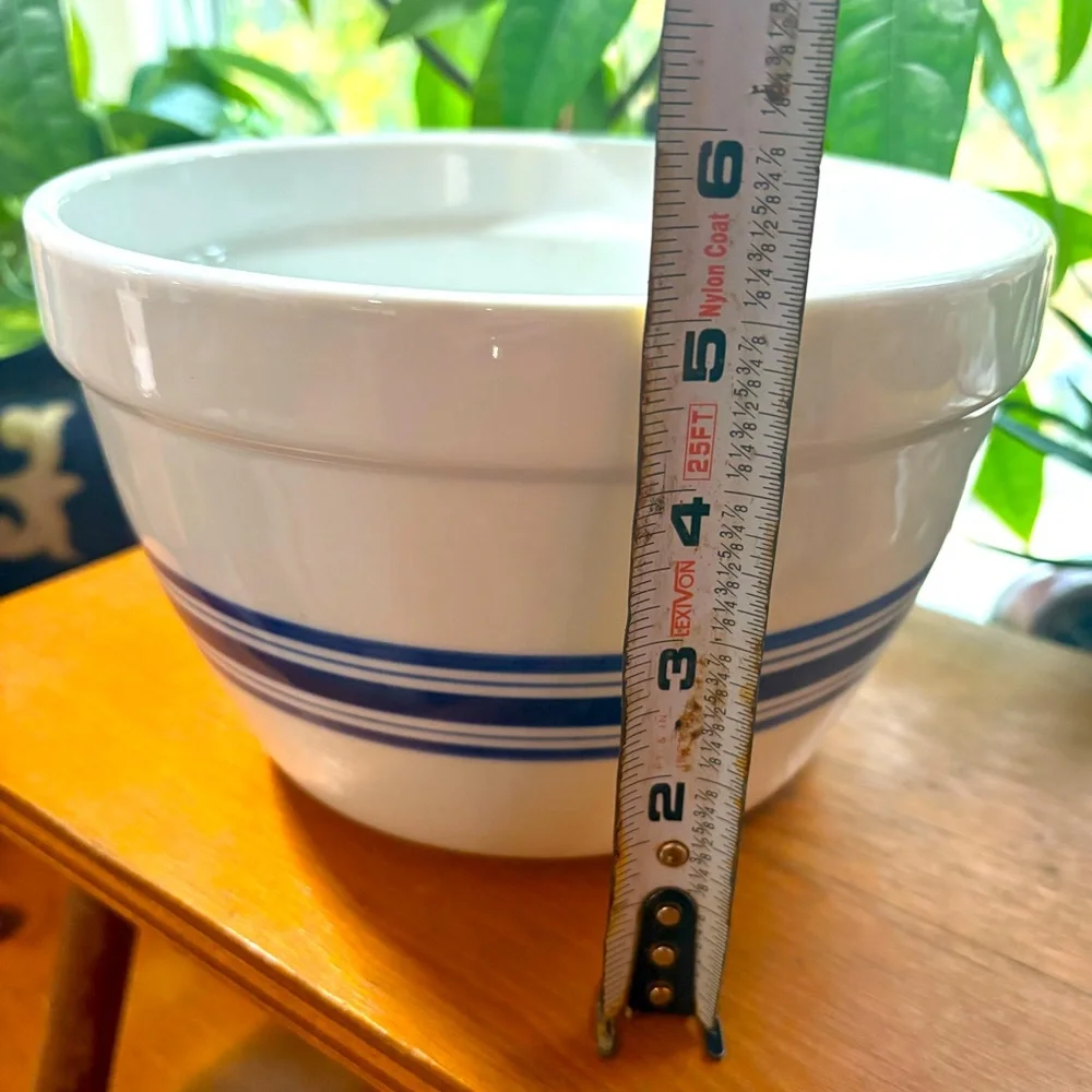 Two Crate and Barrel Heavy Ceramic Bowls White with Blue Stripes